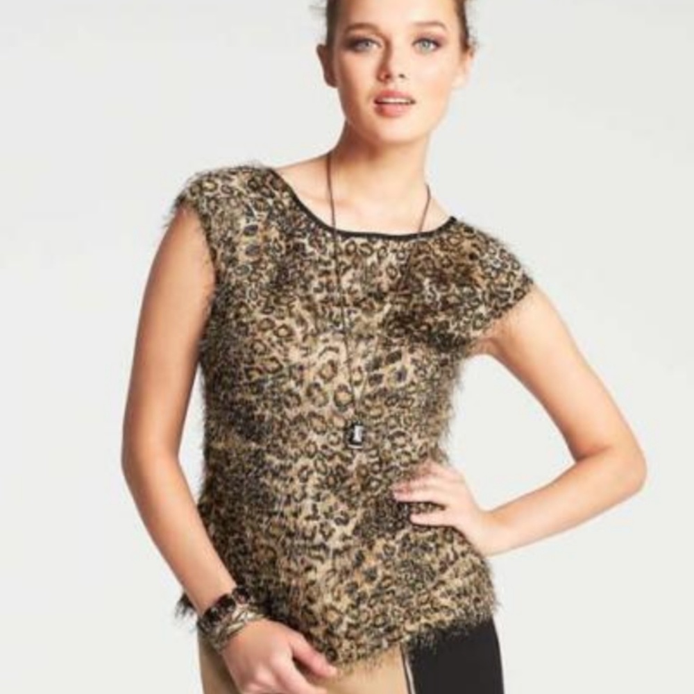Ann Taylor Boat Neck Leopard Fringe Top